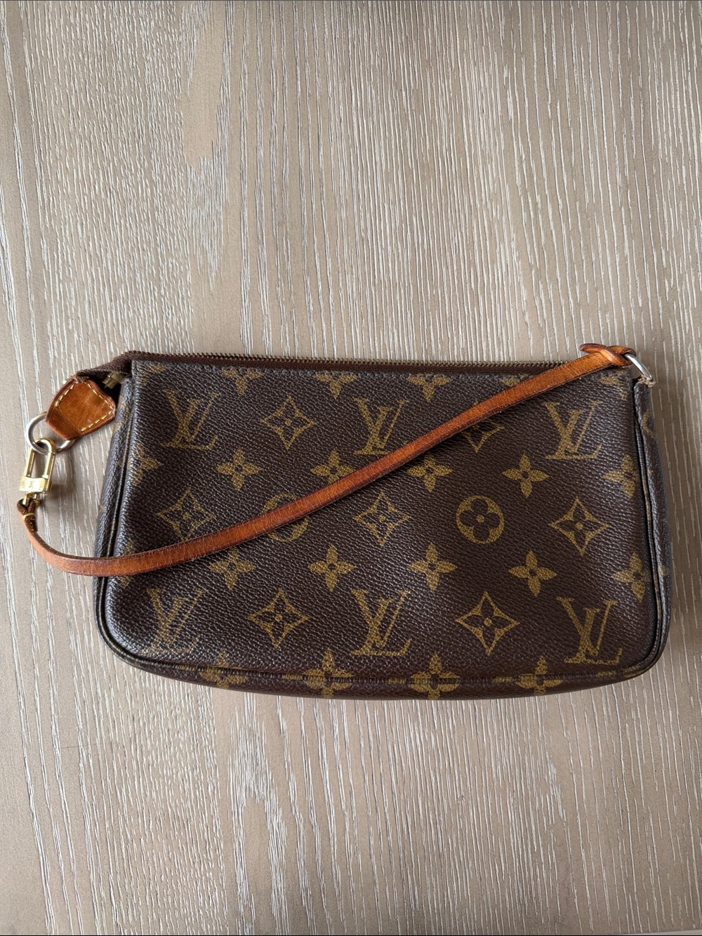Louis Vuitton Brown Monogram Canvas Wristlet with Tan Strap